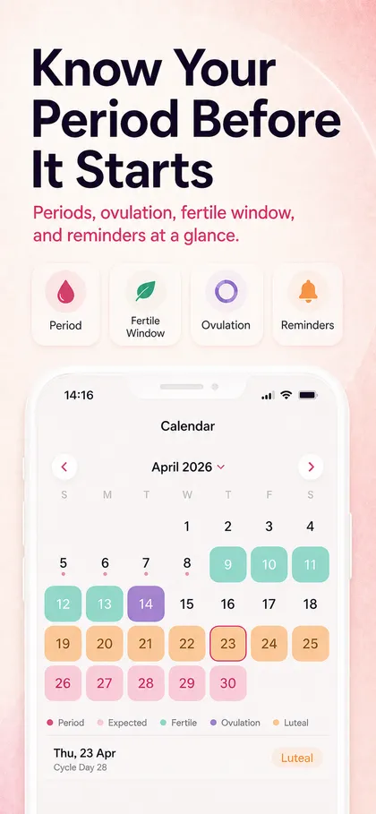 Iris calendar view with color-coded cycle phases