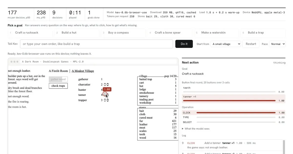 kev-0.6b-browser-use playing A Dark Room in the browser, with every button it weighed and its confidence
