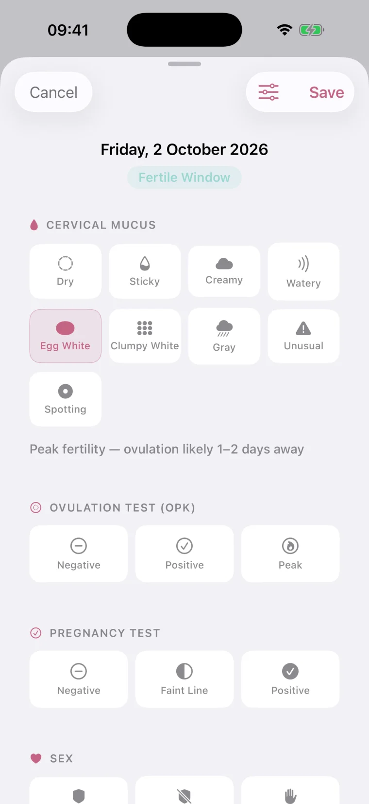 Iris daily log with flow, symptoms and mood