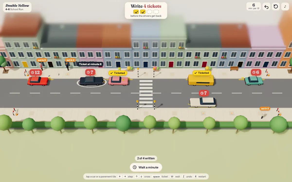 Double Yellow on a desktop: a warden stands by a blue-badge car worth eighty pounds while the supervisor radios in